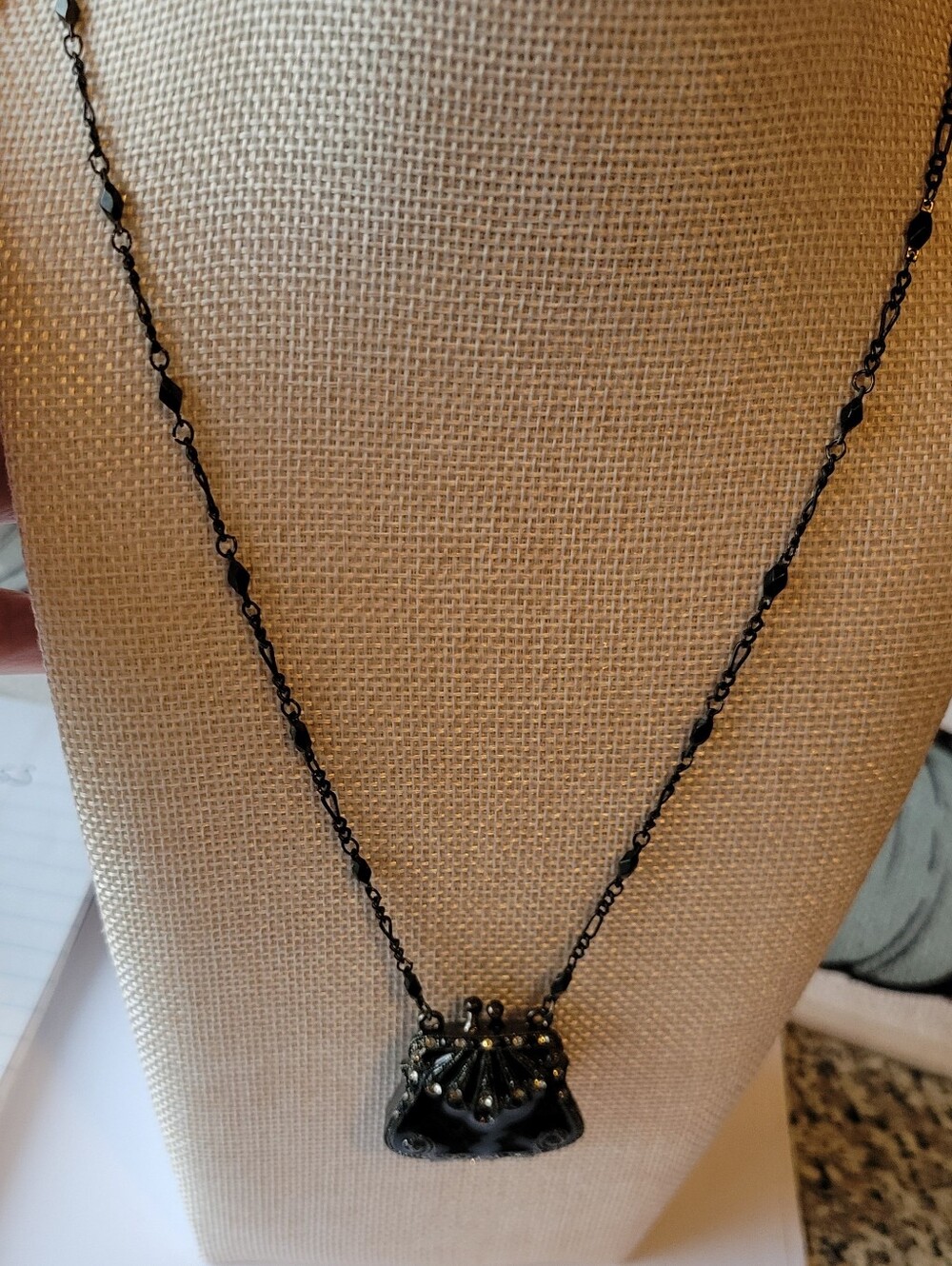 Vintage Black Decorative Purse Pendant Necklace with Bead-Accented Chain